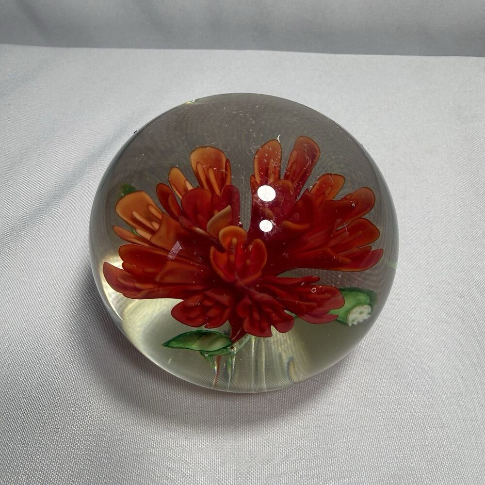Vintage Art Glass Paperweight Red Chrysanthemum Floral Flower Blown Orb Decor